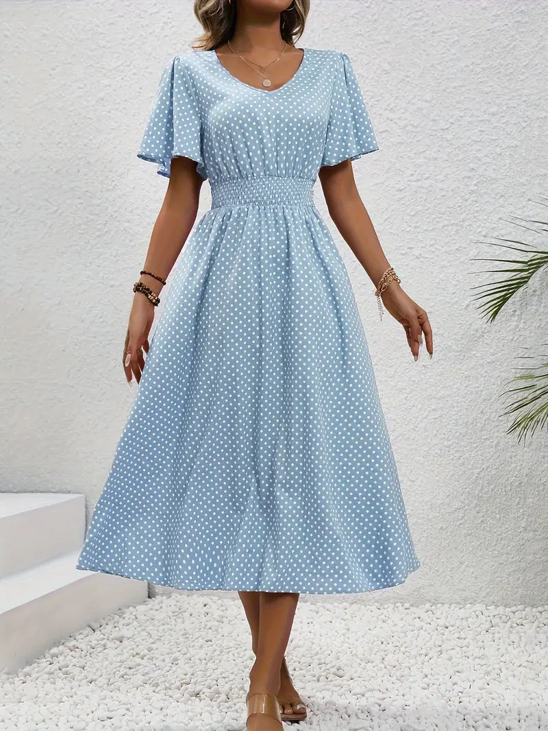 Levoire | Robe Taille Froncée Imprimée sur Toute la Surface, Robe Décontractée à Manches Courtes Bleu ciel