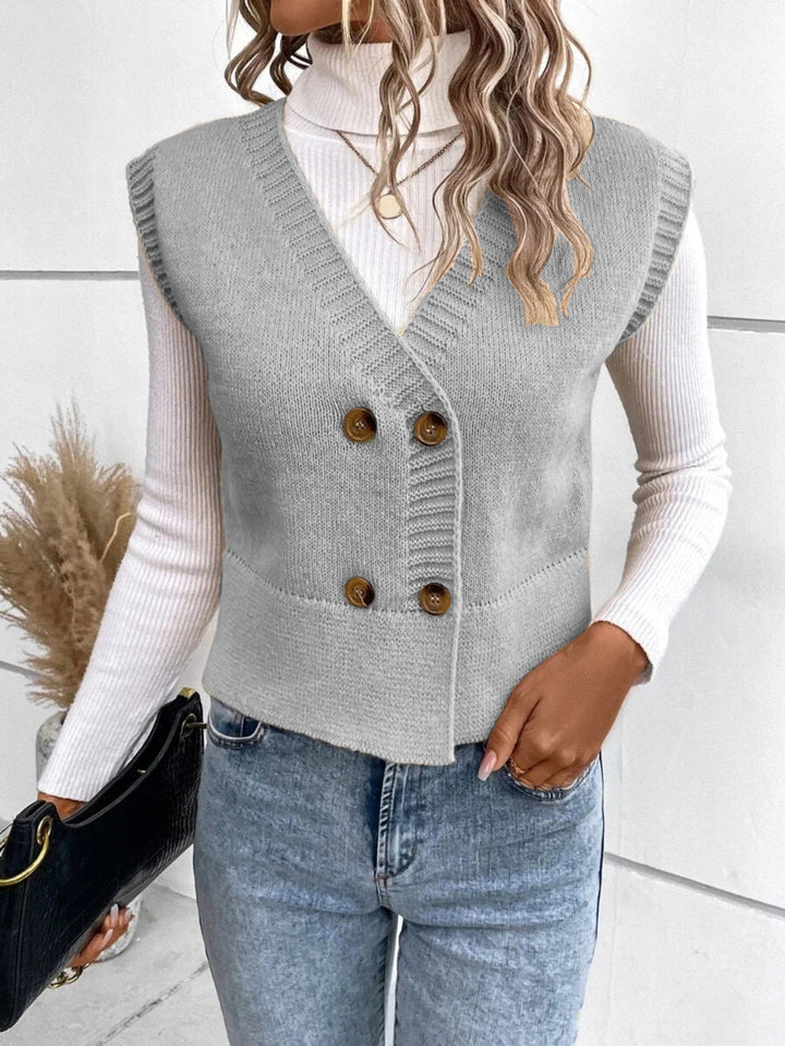 Levoire | Pull Sans Manches Confortable En Tricot Col V Avec Boutons Gris
