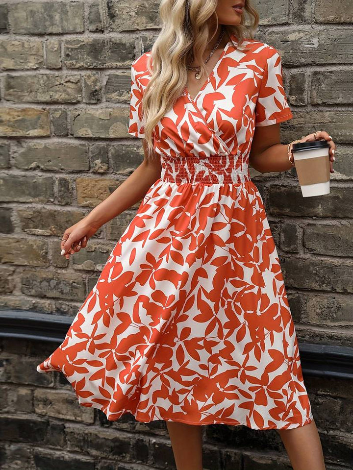 Levoire | Robe Portefeuille À Manches Courtes Avec Motif Floral Orange Rouge