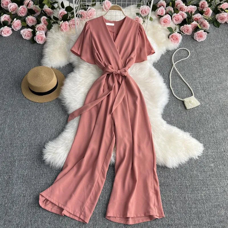 Levoire | Retro Temperament Combinaison à Manches Courtes Col en V Rosa Une taille