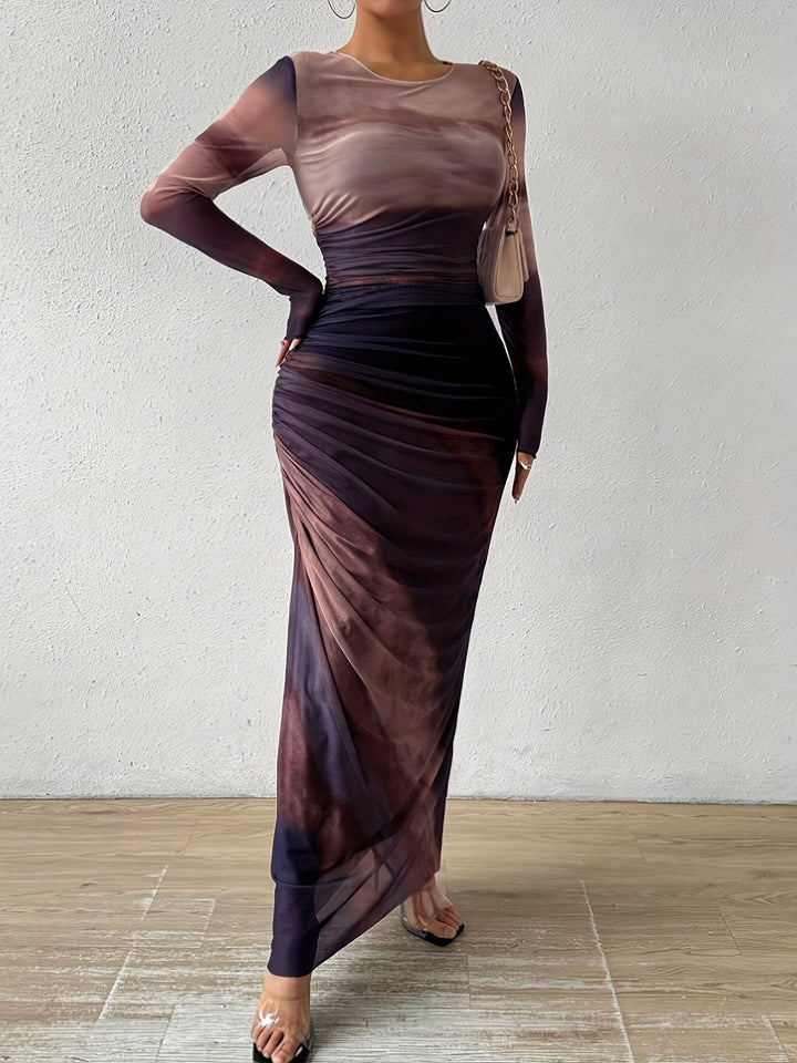 Levoire | Robe Avec Motif Batik Et Encolure Ronde, Élégante Robe Maxi Ajustée Avec Manches Longues Pour Le Printemps Et L'Automne, Vêtements Pour Femmes