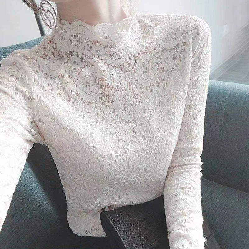 Levoire | Chic Slim Fiancé Col Montant Dentelle Pull À Manches Longues Blanc