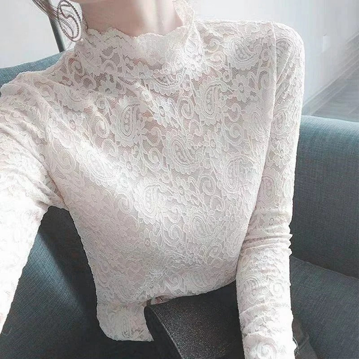 Levoire | Chic Slim Fiancé Col Montant Dentelle Pull À Manches Longues Blanc