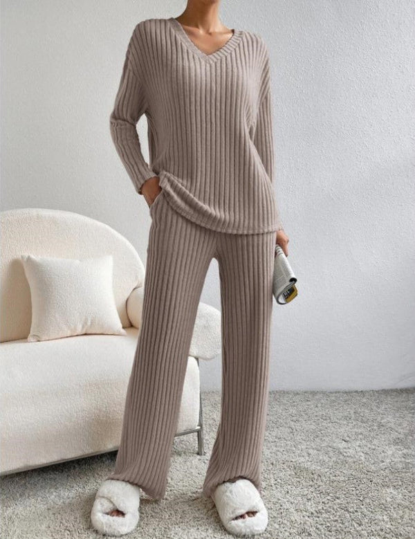 Levoire | Blouse V Col Longue À Manches Pantalons Longs Ensemble Deux Pièces Khaki