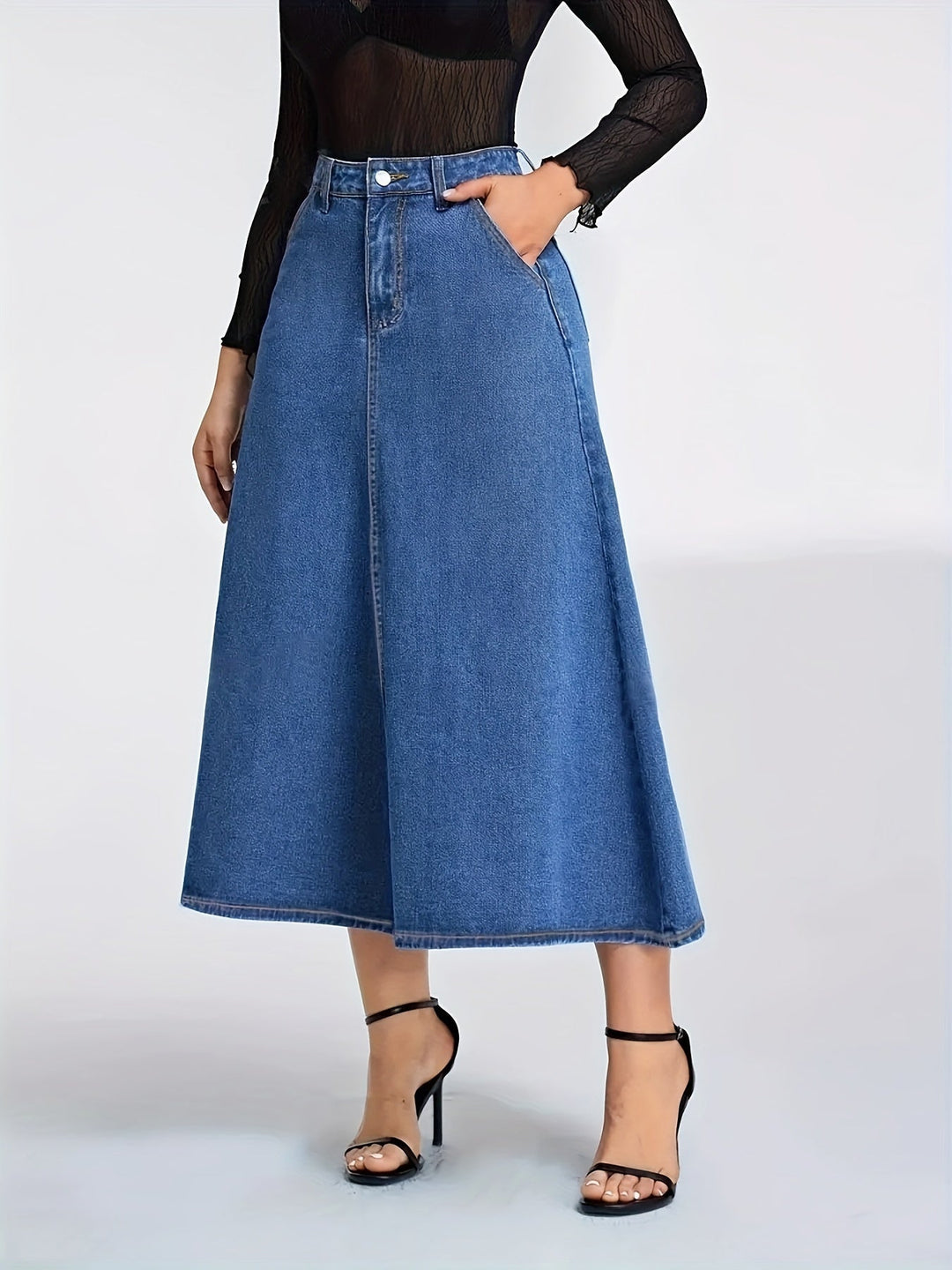 Levoire | Jupe Midi En Jean Haute Et Élastique Avec Poches