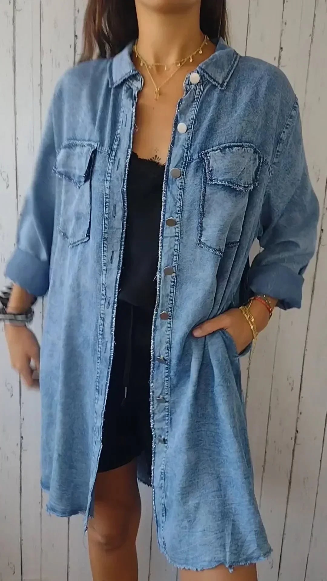 Levoire | Chemise longue confortable en faux denim Bleu