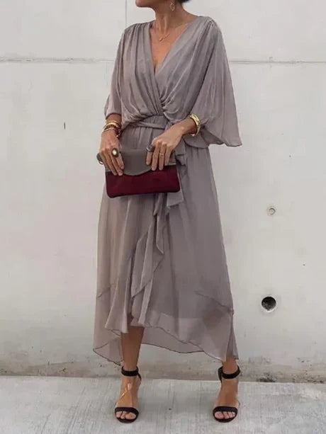 Levoire | Robe Mi-Longue En Chiffon Vert À Décolleté En V Gris