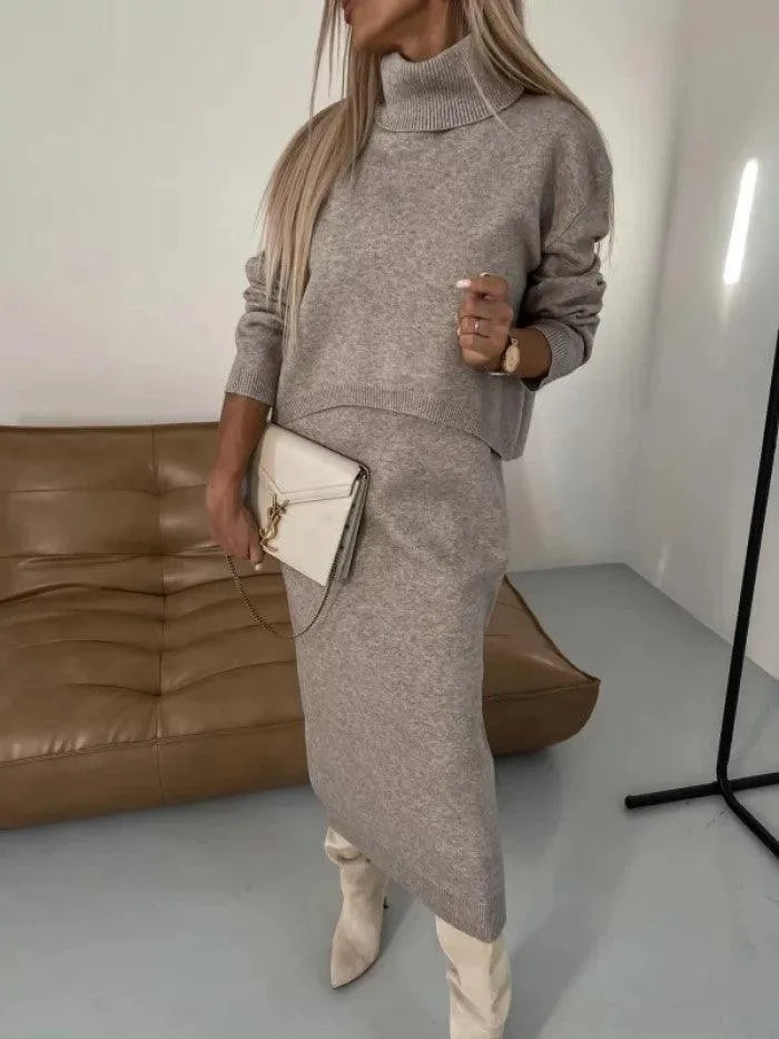 Levoire | 2 pièces de pull en laine mode d'hiver polo et robe maxi sans manches Chameau