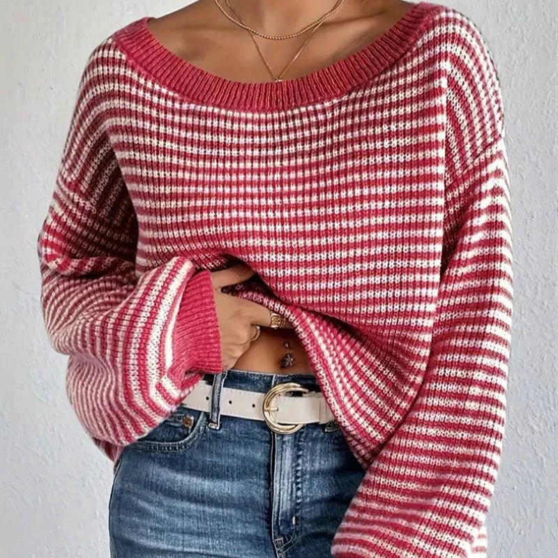Levoire | Pull Décontracté À Épaules Dénudées À Manches Longues Avec Motif Rayé Rosa