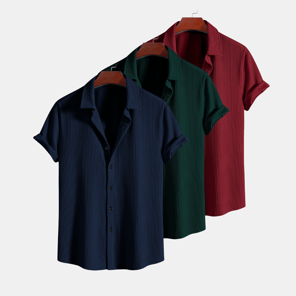 Levoire | 3 Pack Chemise Boutonnée Rippée De Confort Marine Vert foncé Marron châtaigne