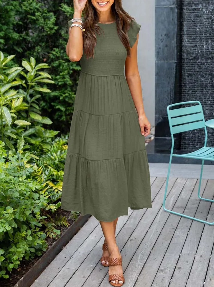 Levoire | Robe Élégante À Jupe Plissée Avec Manches Courtes Vert foncé
