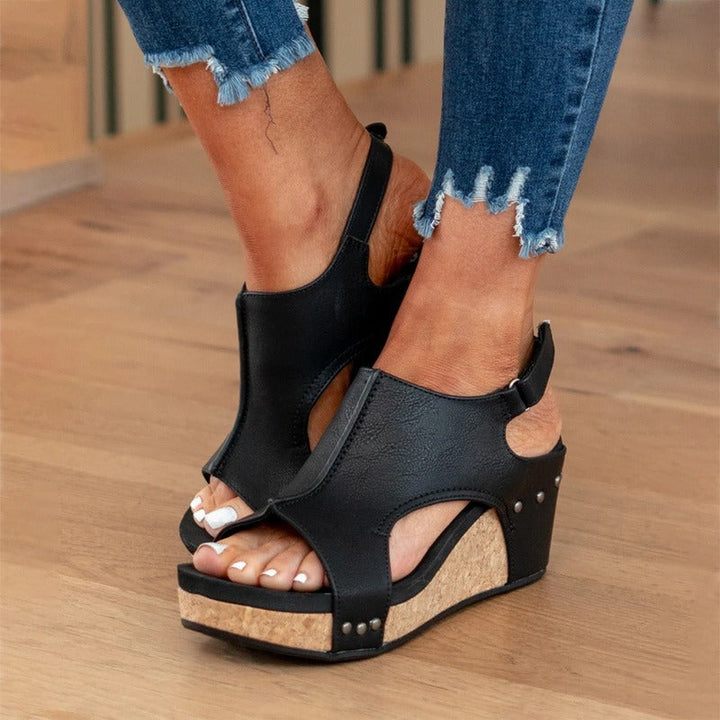 Levoire | Sandales À Talon Compensé En Cuir Avec Semelle En Liège Pour Femmes Noir
