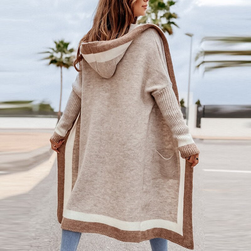 Levoire | Veste En Tricot Longue Beige Avec Capuche