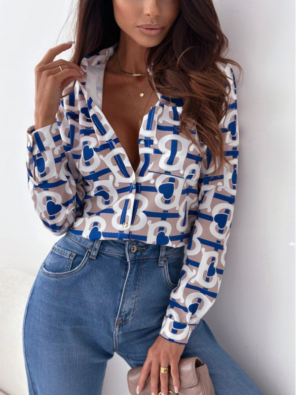 Levoire | Chemisier Femme Rangé Avec Impression Satin Beige Bleu