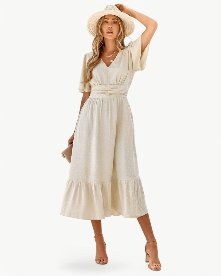Levoire | Robe Longue À Encolure En V Avec Manches Courtes CRÈME
