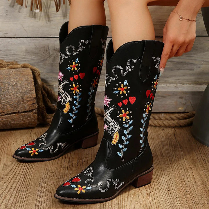 Levoire | Bottes à tige haute et semelle épaisse brodée Noir