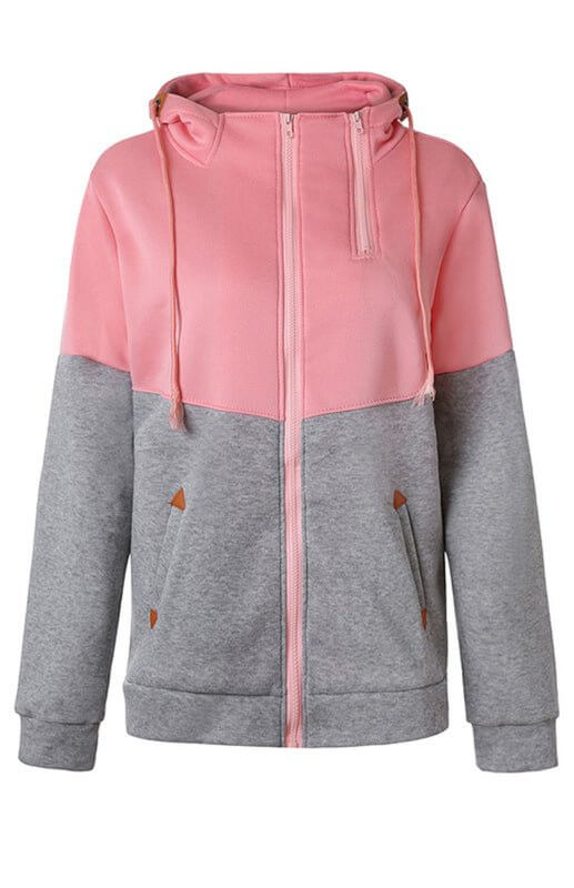 Levoire | Sweat à capuche zippé à deux couches avec blocs de couleur à manches longues Plus velours college sweatshirt