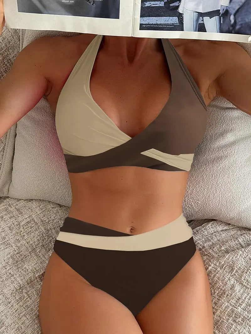 Levoire | Bikini Halter Colorblock Set Pour Femmes Café