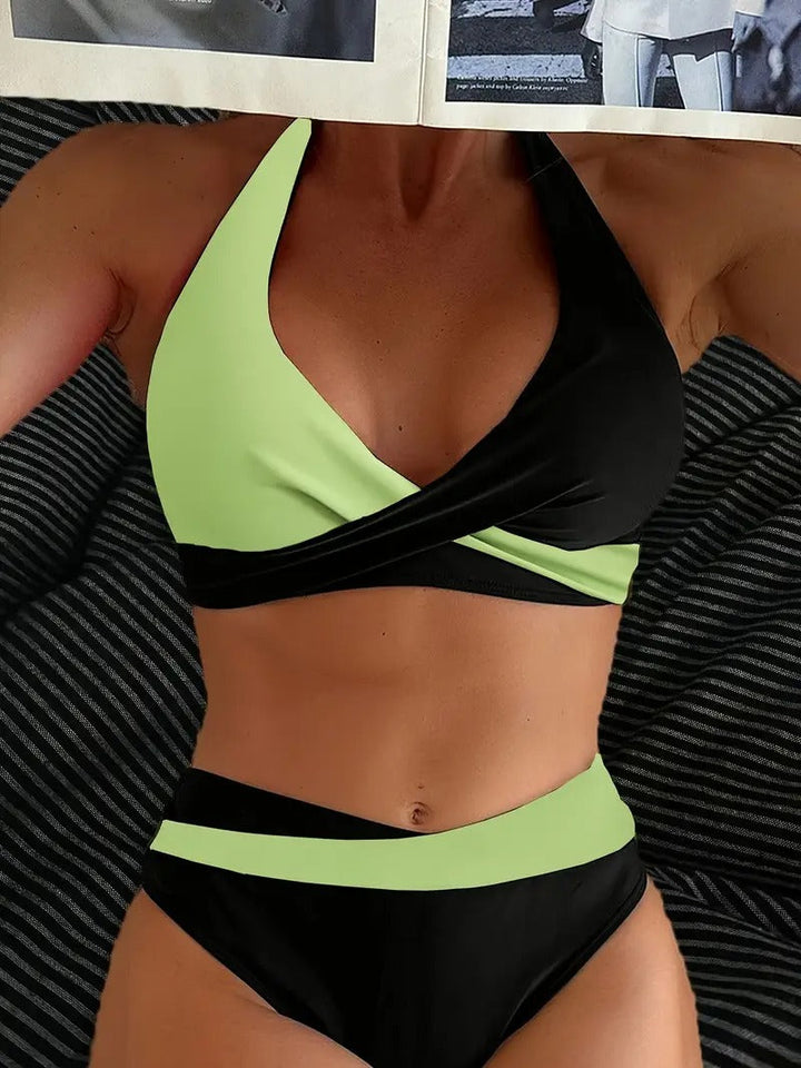 Levoire | Bikini Halter Colorblock Set Pour Femmes Vert armée