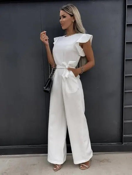 Levoire | Combinaison Élégante Avec Manches Froncées Et Ceinture Taille Pour Femmes Blanc