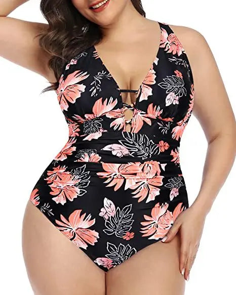 Levoire | Maillot De Bain Floral Décolleté En V Séduisant Noir Rose