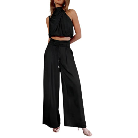 Levoire | Combinaison D'Été En Satin Avec Ceinture À Nouer Pour Femmes Noir