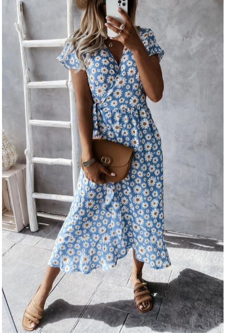 Levoire | Robe midi fleurie à marguerites adorée par vous Bleu