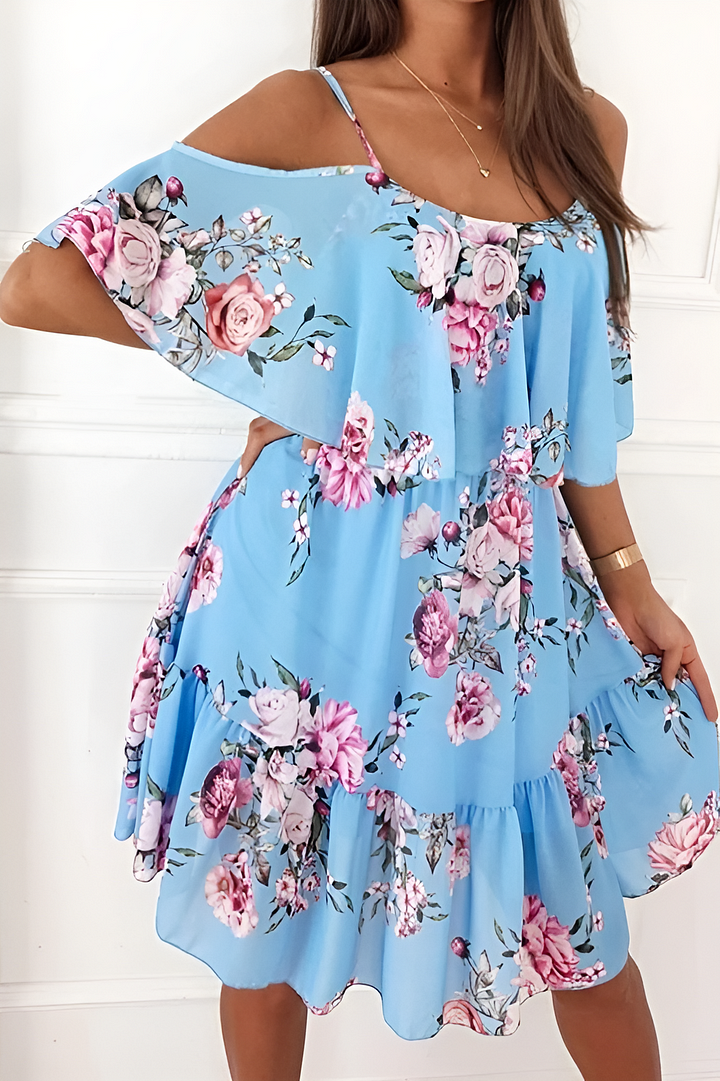 Levoire | Robe en mousseline avec épaules dénudées, sans bretelles et imprimée Bleu bébé
