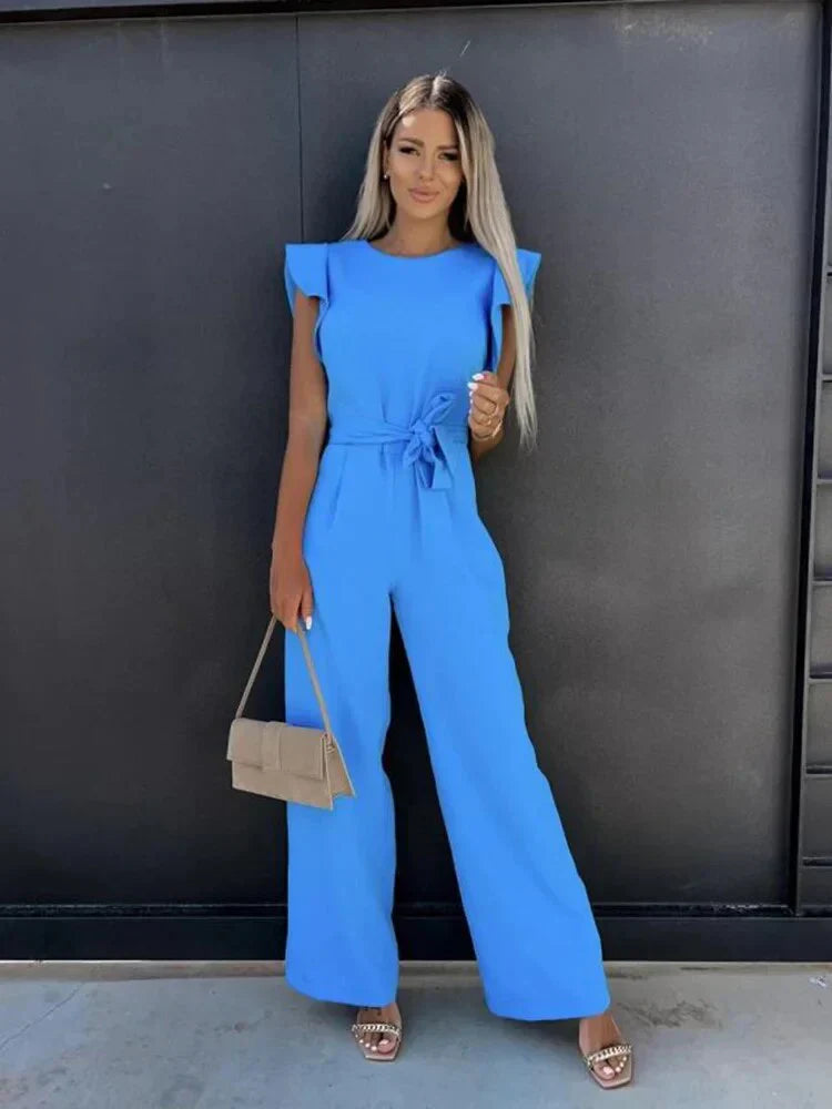 Levoire | Combinaison Élégante Avec Jambes Larges Et Ceinture Pour Femmes Bleu