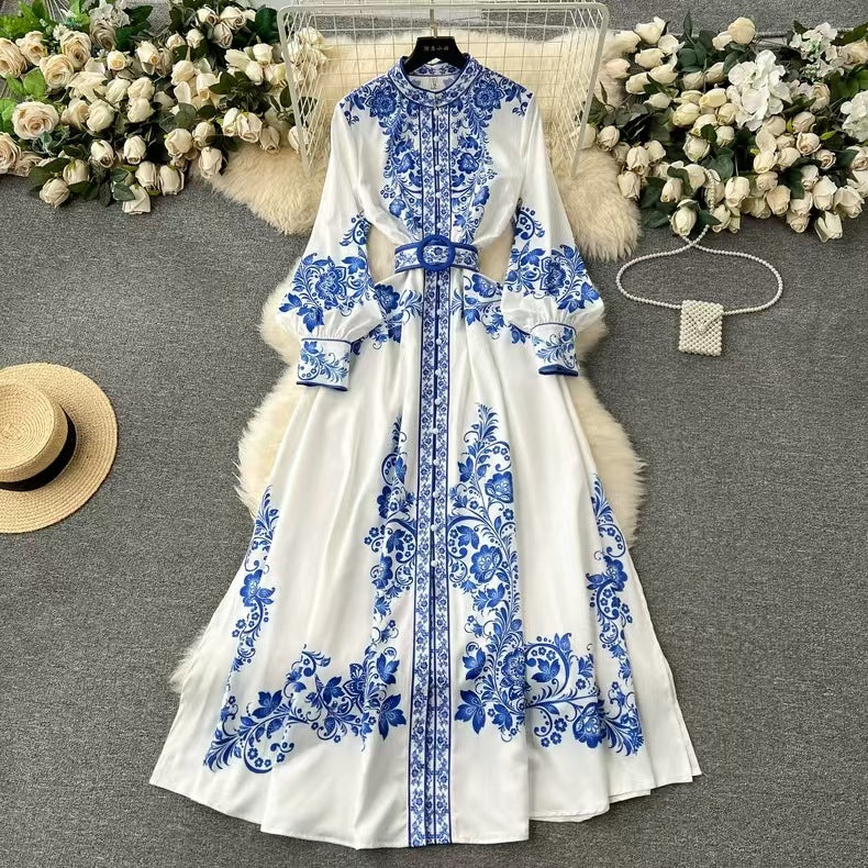 Levoire | Robe Midi À Manches Froncées Tailleur À La Taille Style Décontracté Et Élégant Pour Toutes Les Saisons Bleu