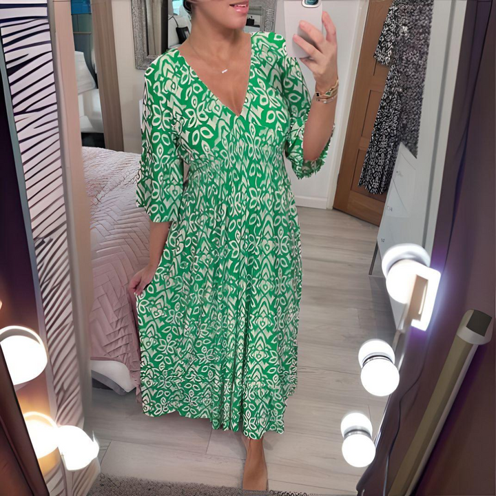 Levoire | Robe Longue Femme Imprimée Boho Col En V - Maxi Vert