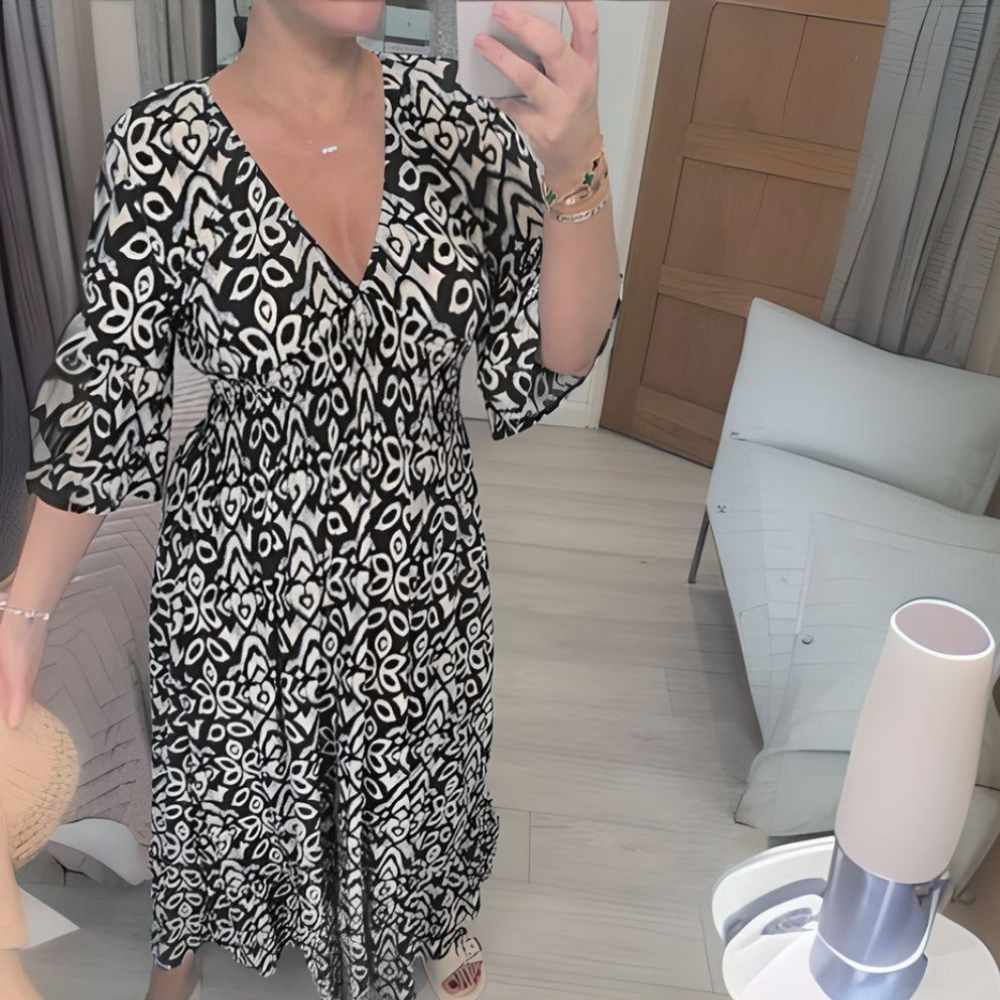 Levoire | Robe Longue Femme Imprimée Boho Col En V - Maxi Noir