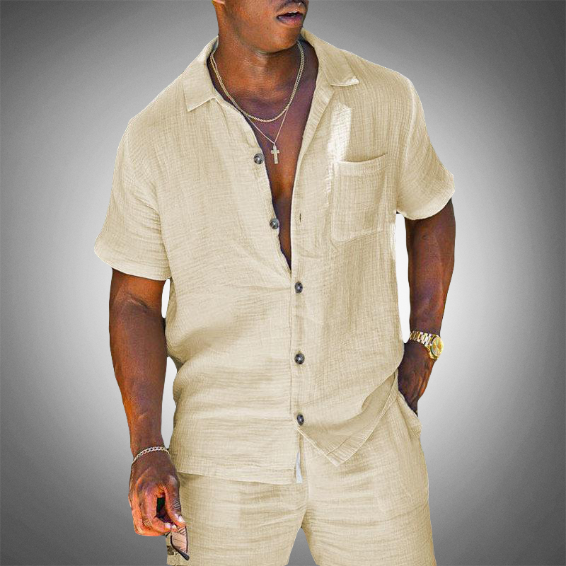 Levoire | Chemise Et Short Ensemble En Lin Pour Hommes Beige