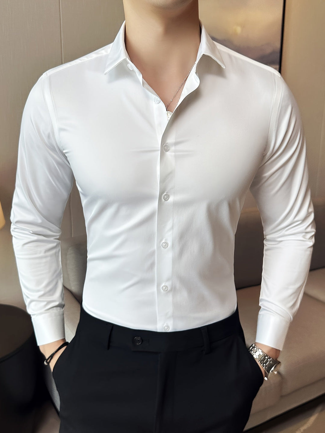 Levoire | Classique Uni Manches Longues Chemise Blanc