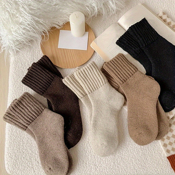 Levoire | Paire De Chaussettes Simples, Unies, Épaisses, Chaussettes Mi-Mollet Unisexes Confortables Et Douces, Bas Et Articles De Bas Pour Femmes 5 Paires (Café au lait + café noir + beige + camel + noir) Taille unique