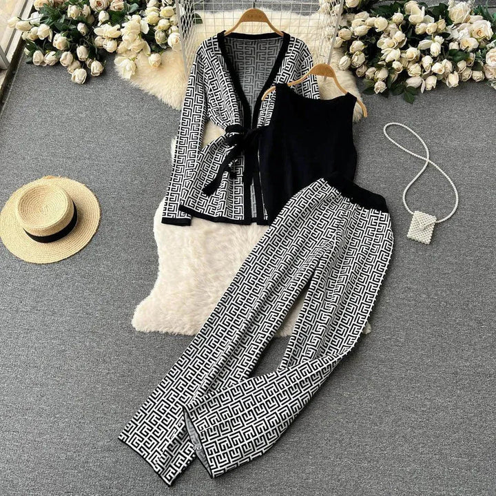 Levoire | Ensemble trois pièces, débardeur décontracté à col en V, et jambes de pantalon larges Noir Taille moyenne