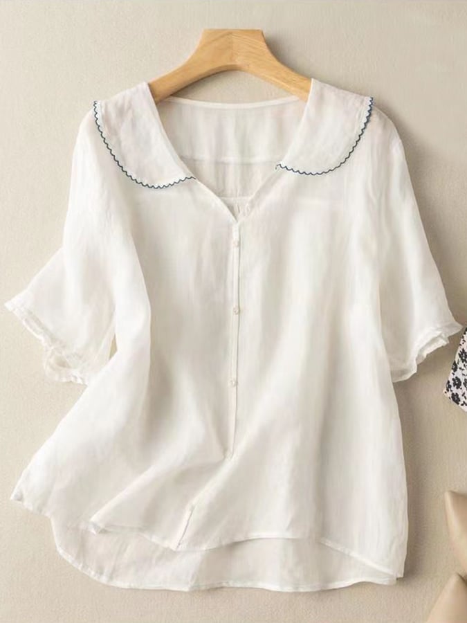 Levoire | Chemise Rétro En Lin Pour Femmes Avec Col Peter Pan Blanc