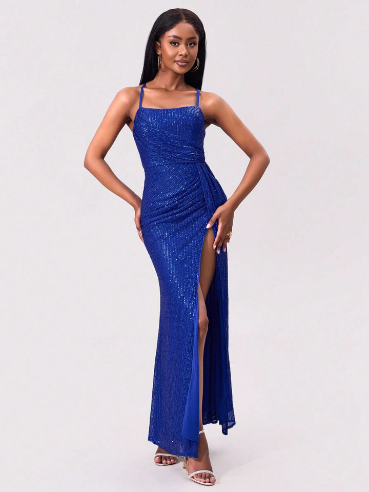Levoire | Fente Sequins Carré Décolleté Bretelles Spaghetti Robe Bleu roi