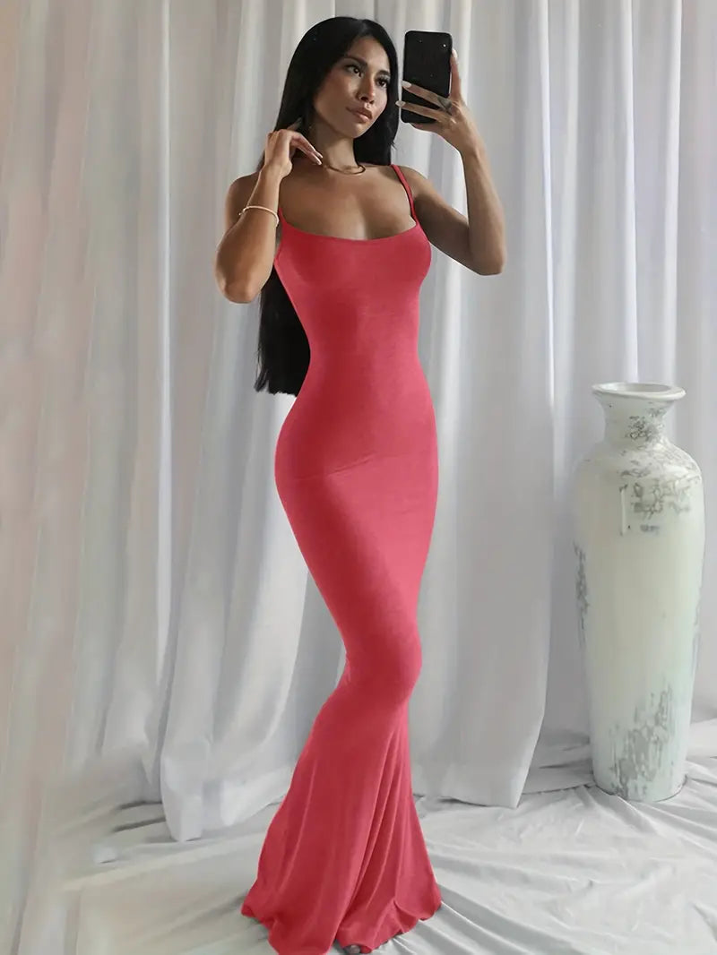 Levoire | Robe Maxi Unie À Bretelles Spaghetti Rose pastèque
