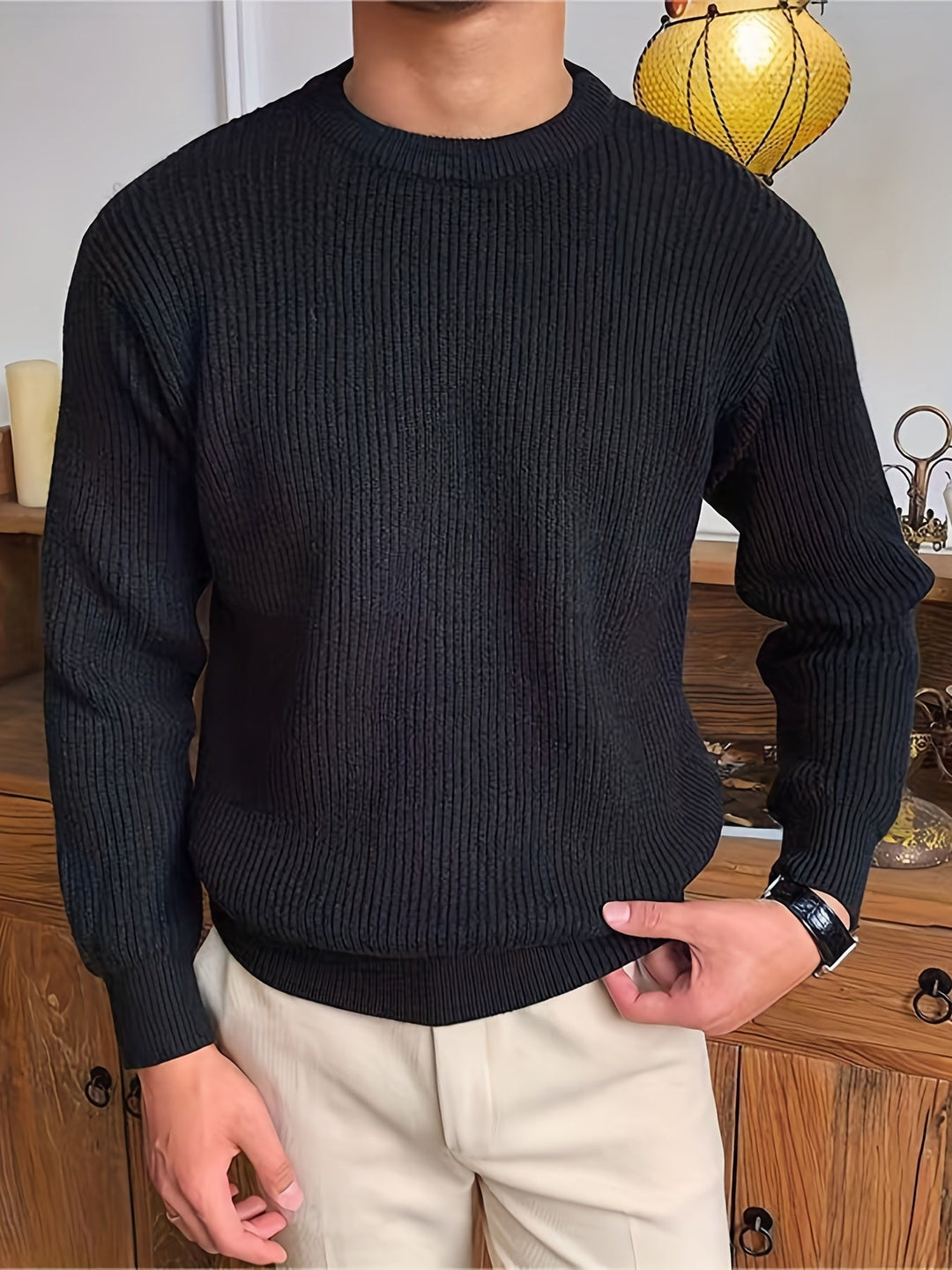 Levoire | Sweat-Shirt Design À Col Rond En Tricot Câble Élégant Pour Hommes Noir