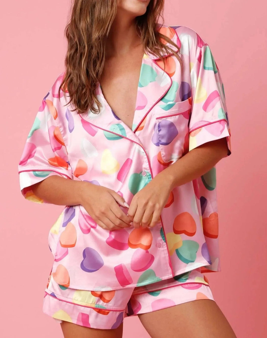 Levoire | Ensemble de nuit satin à deux pièces pour femmes Rose Amour Cœur