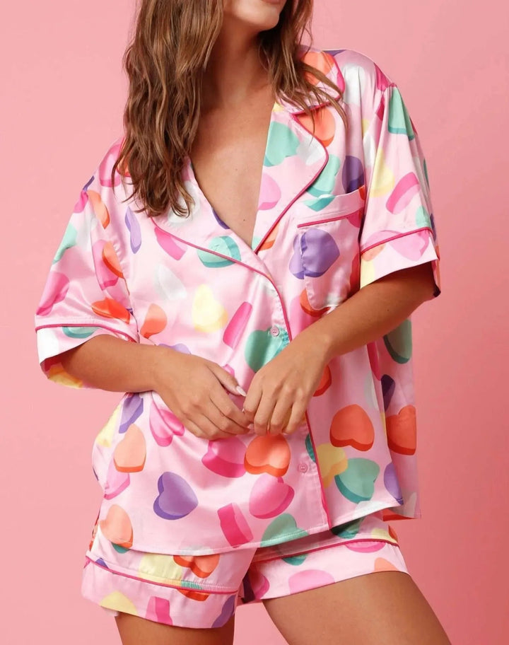 Levoire | Ensemble de nuit satin à deux pièces pour femmes Rose Amour Cœur