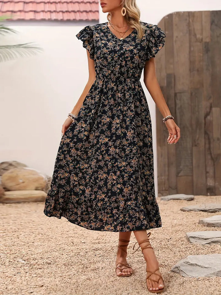 Levoire | Robe Florale Avec Décolleté En V Et Élégantes Manches À Volants