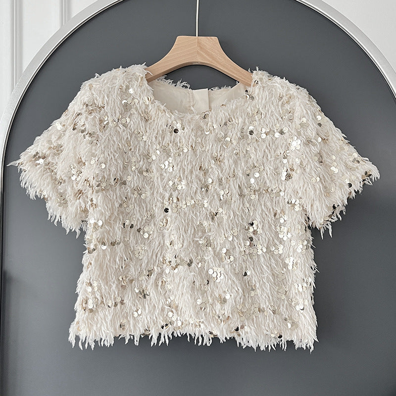 Levoire | T-Shirt Glamour Avec Plumes Et Paillettes Beige