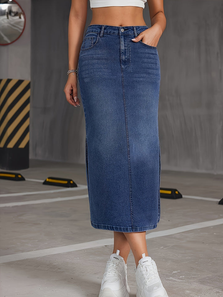 Levoire | Jupe Midi En Denim Bleue À Taille Haute Et Poches Obliques