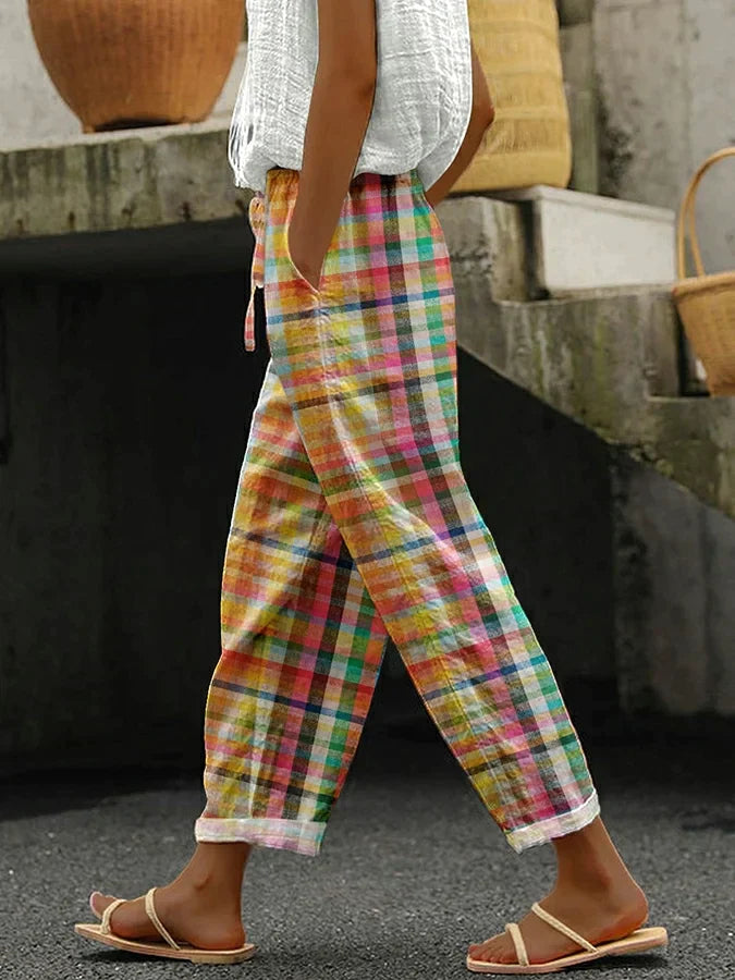 Levoire | Pantalon Decontracte Avec Motif À Carreaux Vintage, Elegant Et Confortable Orange