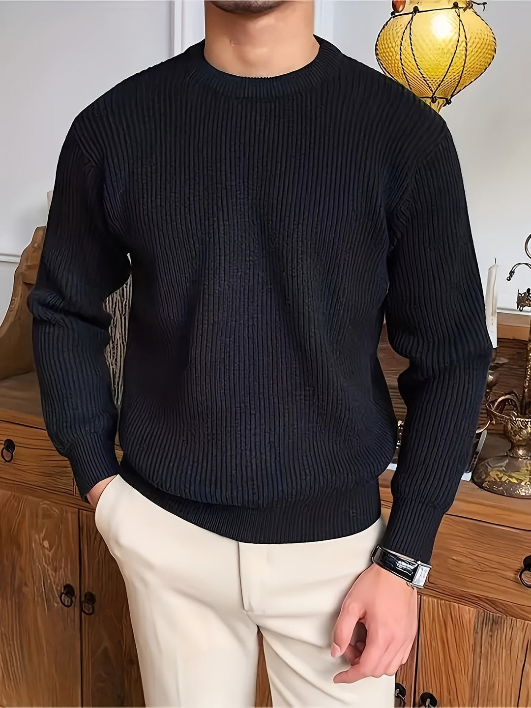 Levoire | Pull-Over En Laine Pour Hommes À Col Rond Noir