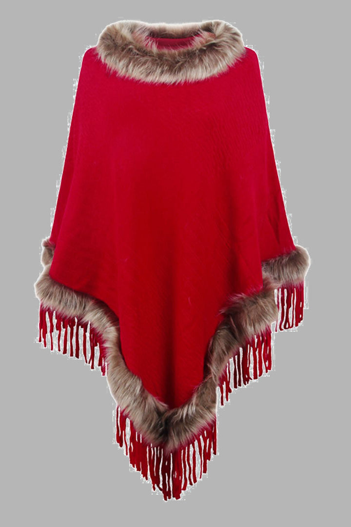 Levoire | Poncho De Luxe Avec Des Feuilles Et Col En Fausse Fourrure Rot Une taille
