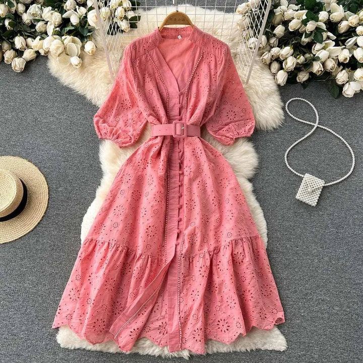 Levoire | Robe à col en V et manches bouffantes pour femmes Rosa
