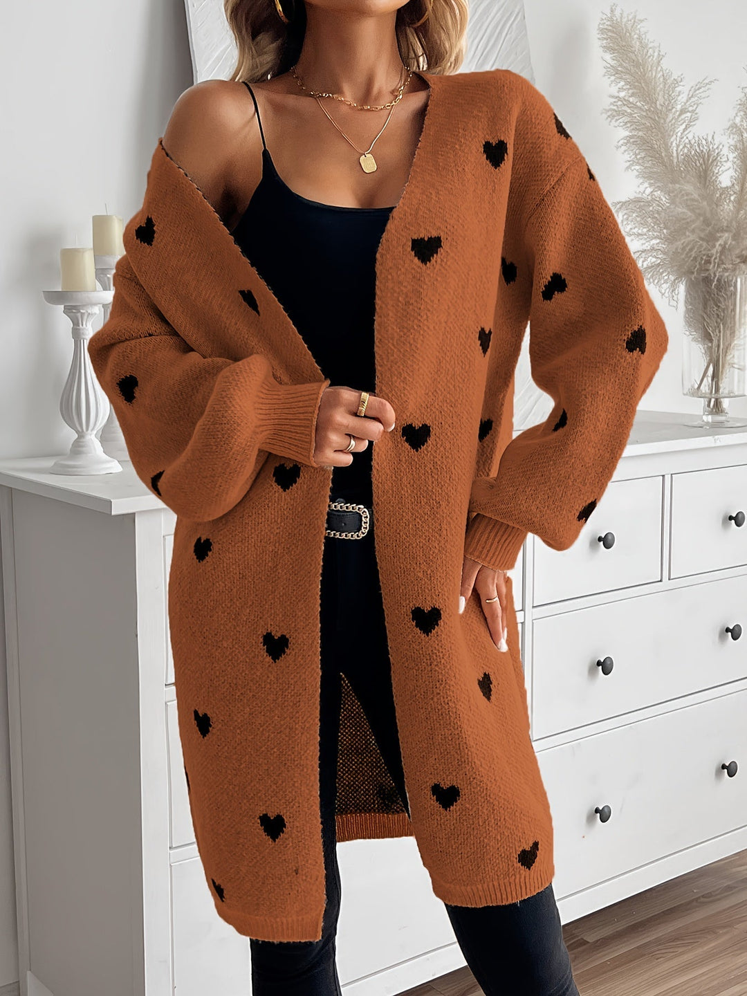 Levoire | Cardigan Long à Motif Cœur avec Pattes de Renforcement Orange